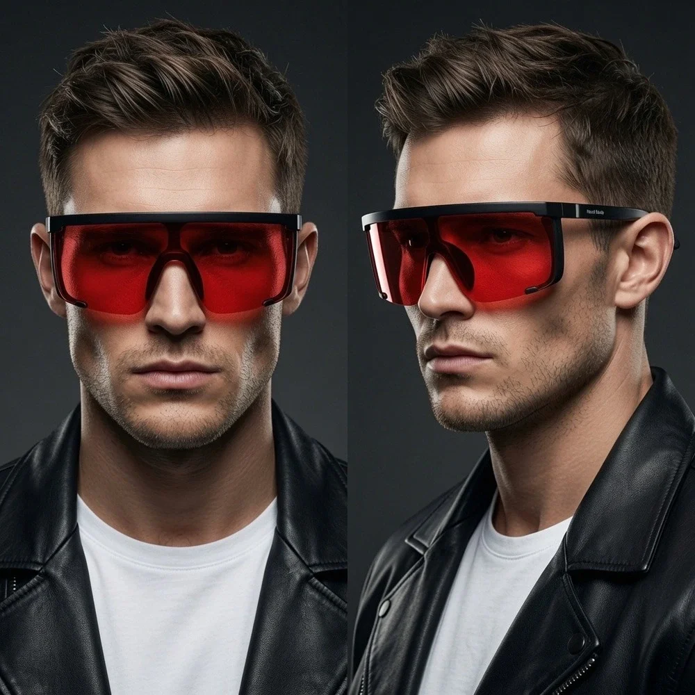 Mens Red Shield Sunglasses Futuristic‎ Flat Top Oversized Visor Streetwear UV400
